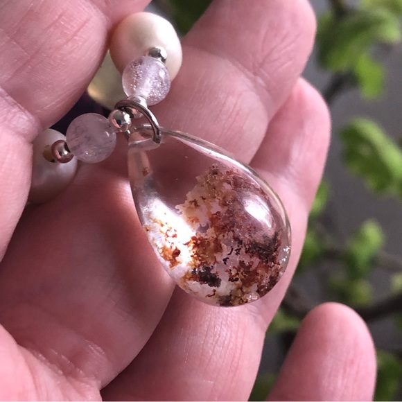 Handcrafted repurpose genuine ghost quartz pendant Czech glass Pearl necklace - Picture 12 of 16